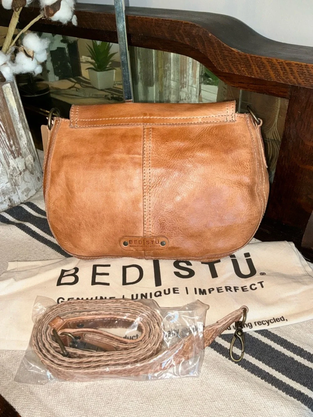 NWT Bed Stu Leather Eastend Fringe Crossbody Bag Tan Dip Dyed Retail $165